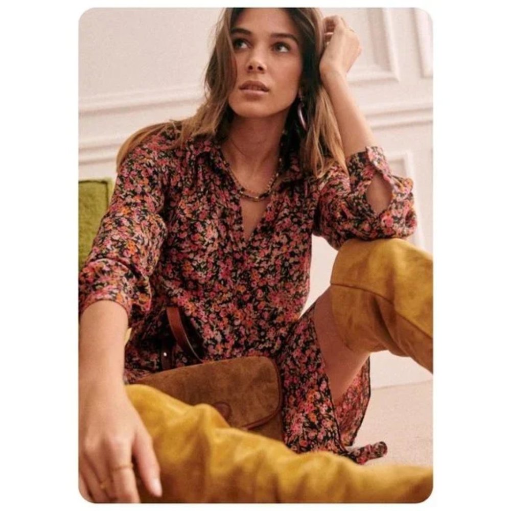 Sezane Leana Floral Blossom Marine Spring Dress sz 40